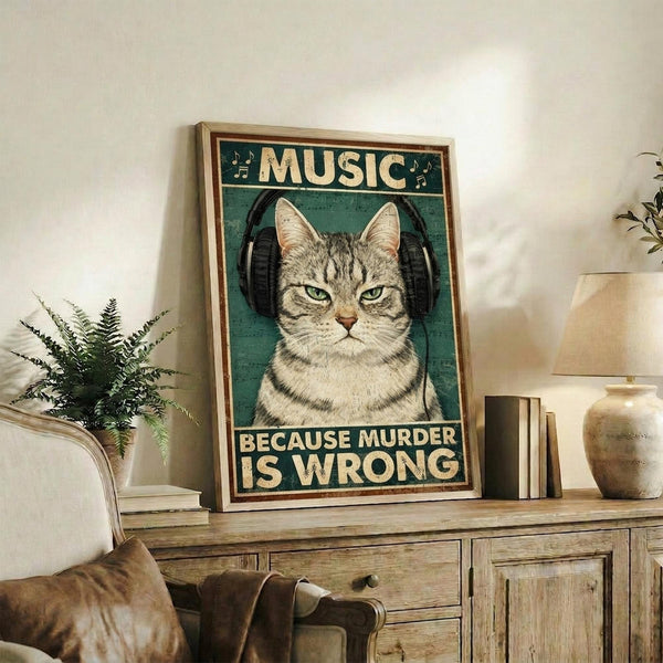 May include: Framed vintage-style poster featuring a tabby cat wearing black headphones on teal background with cream text and musical notes, displayed on rustic wooden sideboard alongside potted fern, ceramic vase, books, and brown leather armchair in cozy living room setting with white walls