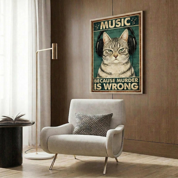 May include: Framed poster on wood-paneled wall showing tabby cat wearing black headphones with text about music and murder in vintage-style design with green background. Modern beige armchair with geometric pillow, gold floor lamp, and side table with open book in contemporary room setting with neutral tones.