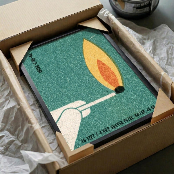May include: Framed vintage poster print in cardboard box with protective packaging. Green textured background features minimalist illustration of white hand holding lit match with yellow and orange flame. Polish text visible at bottom. Print appears square format in black frame, nestled in brown shipping box with tissue paper wrapping.