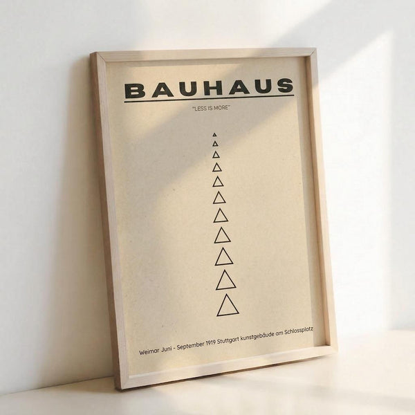 Minimalist cream-colored poster with black text reading "BAUHAUS" and "LESS IS MORE" at top, featuring a vertical column of outlined triangles decreasing in size from filled black at top to thin outlines at bottom. German text appears at bottom. Displayed in light wooden frame leaning against white wall, creating soft shadows.