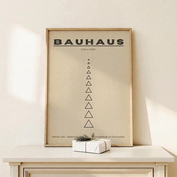 May include: Minimalist beige poster with bold black "BAUHAUS" text and "LESS IS MORE" quote, featuring a vertical column of geometric triangles decreasing in size. German text at bottom references Weimar exhibition dates. Displayed in thin wooden frame on white floating shelf alongside small wrapped gift with twine and greenery sprig against cream wall.