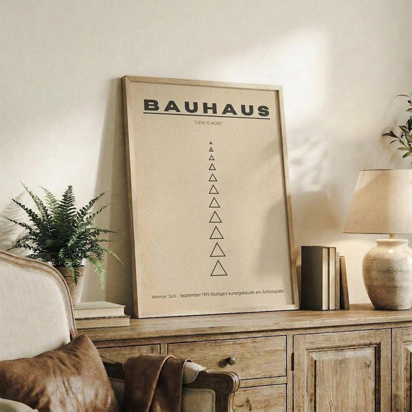 May include: Minimalist Bauhaus poster with cream background and black text reading "BAUHAUS" and "LESS IS MORE" above a vertical row of triangular shapes, displayed in light wood frame on rustic wooden sideboard next to fern plant, ceramic vase, books, and beige upholstered chair in neutral-toned living room setting.
