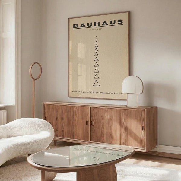 a minimalist living room with a large poster of Bauhaus art on the wall, a wooden cabinet, a white sofa, and a glass coffee table.