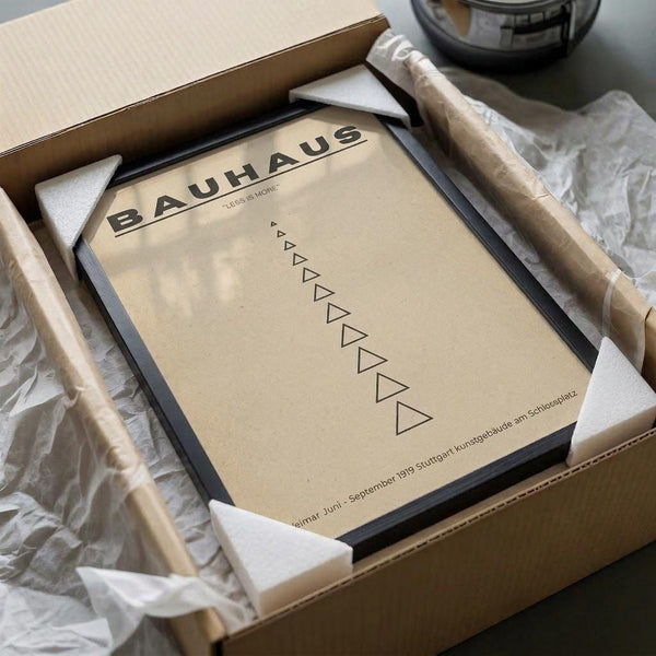 a framed poster of the Bauhaus design style, which is a minimalist art movement that originated in Germany in the early 20th century. The poster features a series of geometric shapes and lines, typical of the Bauhaus aesthetic. The poster is displayed in a cardboard box, which is wrapped in bubble wrap for protection during shipping.