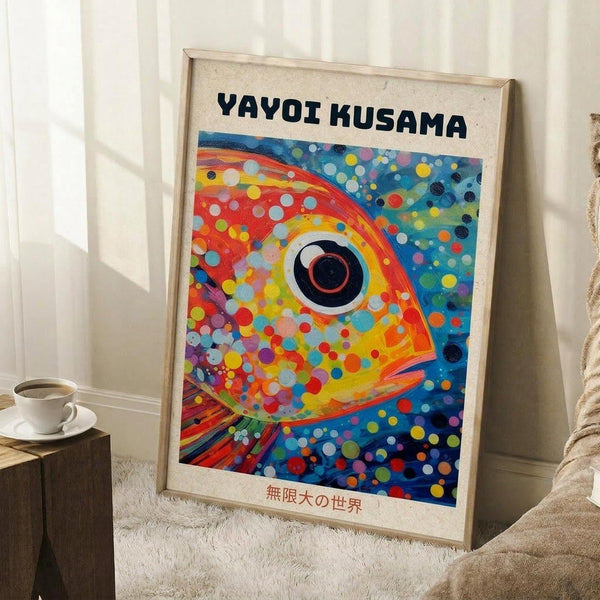 May include: Colorful abstract fish artwork in light wood frame leaning against white wall corner. Vibrant polka dot style painting features large fish with prominent black eye surrounded by rainbow circles and dots in red, blue, yellow, orange hues. Japanese text at top and bottom. Small wooden side table with white coffee cup visible beside framed print on textured cream rug.