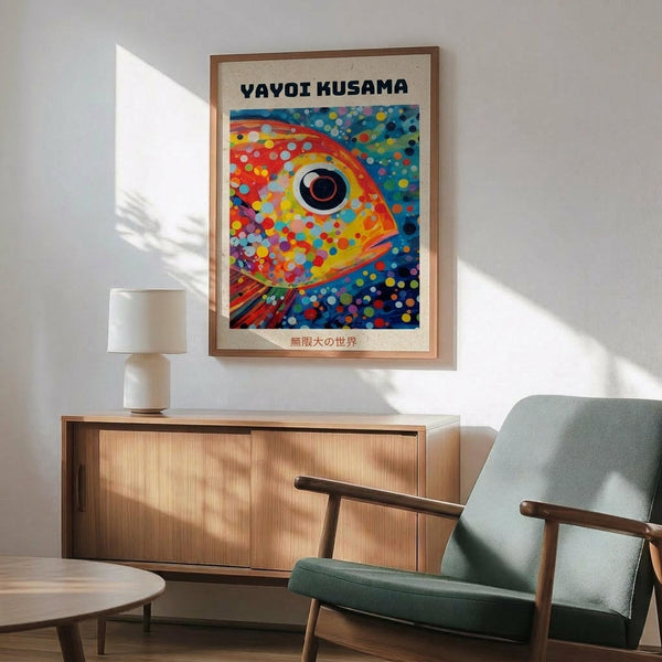 May include: Framed colorful abstract fish artwork with dotted pattern and large eye, displayed above wooden credenza with white lamp in modern living room setting. Green upholstered armchair with wooden frame sits nearby. Natural sunlight creates shadows on white wall. Art features vibrant rainbow colors transitioning from warm oranges and reds to cool blues, covered in polka dots in Kusama's signature infinity style.