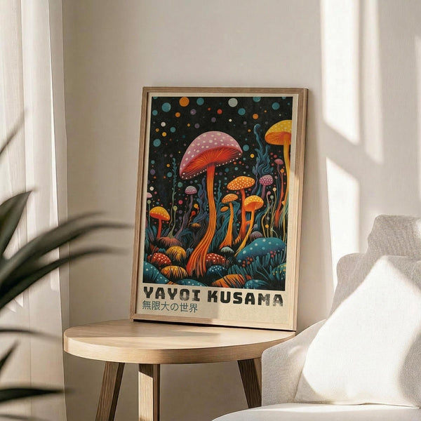 May include: Framed art print featuring colorful mushrooms in various sizes against a dark starry background, displayed on a round wooden side table next to a beige upholstered chair. The artwork shows vibrant red, orange, yellow and blue fungi with polka dot caps and long stems, surrounded by floating dots and circles. Natural lighting creates soft shadows on white walls, with a plant leaf visible in the corner.