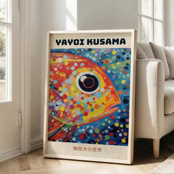 May include: Framed colorful abstract fish artwork in light wood frame leaning against white wall next to beige sofa. Vibrant poster features stylized fish with large dark eye surrounded by rainbow dots and swirling patterns in red, orange, yellow, blue, and green. Black text at top, Japanese characters at bottom. Bright natural lighting from tall windows creates soft shadows on wooden floor.