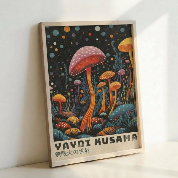 May include: Framed art print featuring colorful psychedelic mushrooms against a dark starry background, displayed in a light wood frame leaning against a white wall. The artwork shows tall spotted mushrooms in pink, orange, and blue tones with dotted patterns, surrounded by smaller fungi and cosmic dots. Japanese text appears at the bottom of the print.