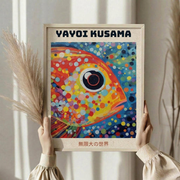 May include: Person holding framed art print featuring colorful abstract fish with large eye, vibrant dots and circles in rainbow colors against blue background, displayed in light wooden frame. Dried pampas grass visible beside figure wearing cream colored clothing with ruffled sleeves in bright interior setting.