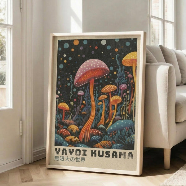 May include: Framed art print featuring colorful psychedelic mushrooms in various sizes against a dark starry background with floating dots and organic flowing elements. The artwork displays vibrant oranges, blues, and pinks in a whimsical fantasy style. Japanese text appears at the bottom. The light wood frame leans against a white wall next to a beige sofa in a bright living room with large windows.