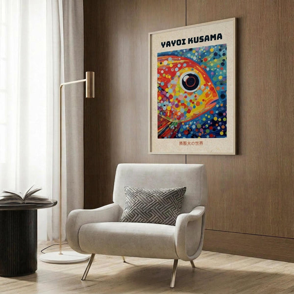 May include: Colorful fish poster with polka dot pattern in Yayoi Kusama style, featuring vibrant orange and blue sections with large eye detail, displayed in cream frame on wood-paneled wall. Modern reading chair with geometric pillow sits below artwork next to brass floor lamp and side table with open book.