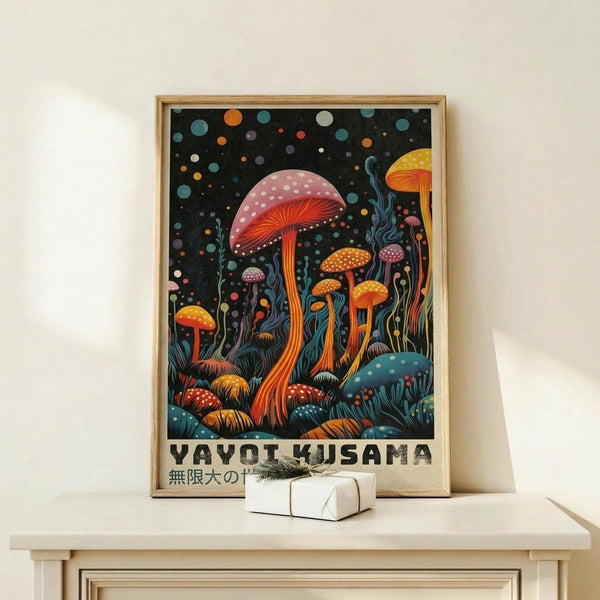 May include: Framed poster with vibrant psychedelic mushroom illustration featuring colorful spotted fungi in pink, orange, and blue against starry black background. Artwork shows detailed stems and caps with polka dot patterns reminiscent of Japanese pop art style. Natural wood frame sits on light wooden surface next to small white wrapped gift box. Clean white wall background creates minimalist display setting.