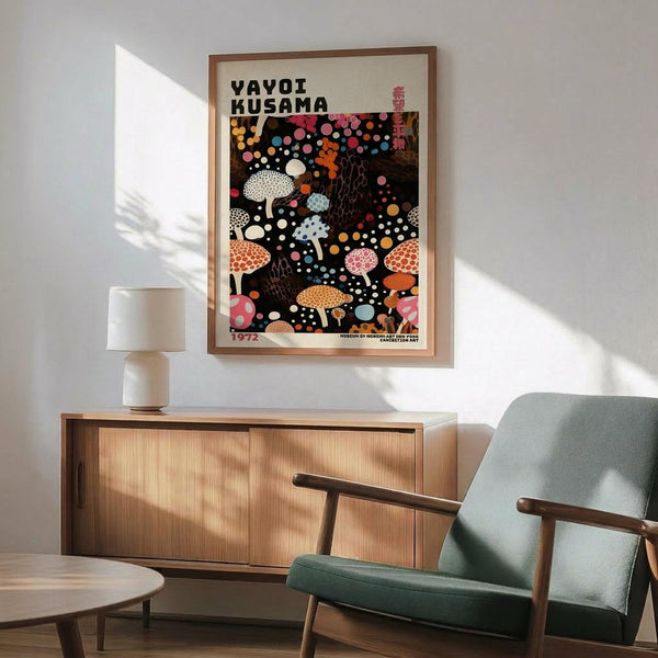 May include: Framed poster with colorful mushroom and polka dot pattern on black background hanging above mid-century modern wooden sideboard with table lamp. Sage green upholstered chair with wooden arms sits nearby on hardwood floor. Natural sunlight creates shadows on white wall in contemporary living room setting.