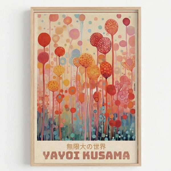 Framed art print featuring abstract botanical illustration with colorful circular seed pods and stems in warm oranges, reds, and yellows fading to cool blues and greens at bottom. Japanese text and "YAYOI KUSAMA" appear below the artwork on cream background. Light wood frame against white wall.