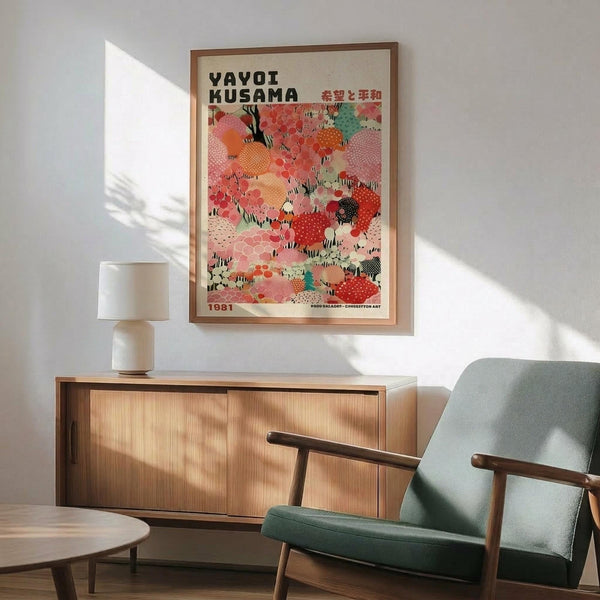 May include: Framed Yayoi Kusama exhibition poster from 1981 featuring vibrant polka-dotted organic shapes in coral, pink, orange, and teal tones, displayed above a mid-century modern wooden sideboard with white ceramic lamp, next to a sage green upholstered armchair with wooden frame in a sunlit room with white walls