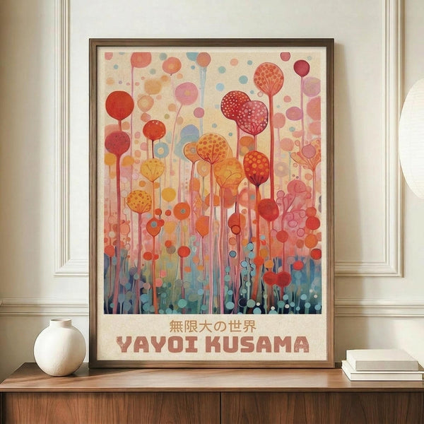 May include: Framed art print in thin brown frame showing colorful abstract design with circular polka dot patterns in warm reds, oranges, yellows transitioning to cool blues at bottom, resembling stylized trees or flowers with Japanese text below. Print displayed on wooden credenza beside white ceramic vase and books in elegant room with white paneled walls.