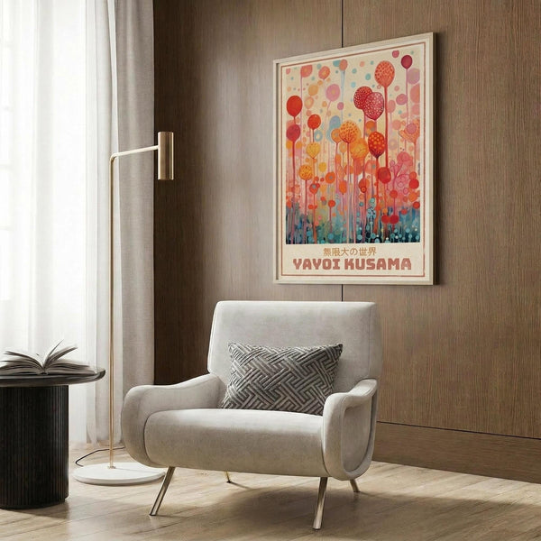 May include: Colorful abstract art poster with polka dot balloon-like circles in red, orange, pink, and blue tones, displayed in white frame on wood-paneled wall above beige upholstered chair with geometric pillow. Modern reading corner features brass floor lamp and dark round side table with open book. Warm neutral interior with natural lighting from window.