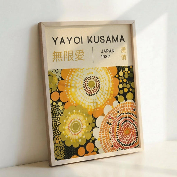 Framed art print featuring Yayoi Kusama's distinctive polka dot style with large circular patterns in vibrant yellow, orange, green and brown tones against a dark background. The poster includes Japanese characters and "JAPAN 1987" text at the top. The artwork is displayed in a light wooden frame, leaning against a white wall on what appears to be a white surface, showcasing the psychedelic, infinity net-inspired design with overlapping dotted circles of varying sizes.