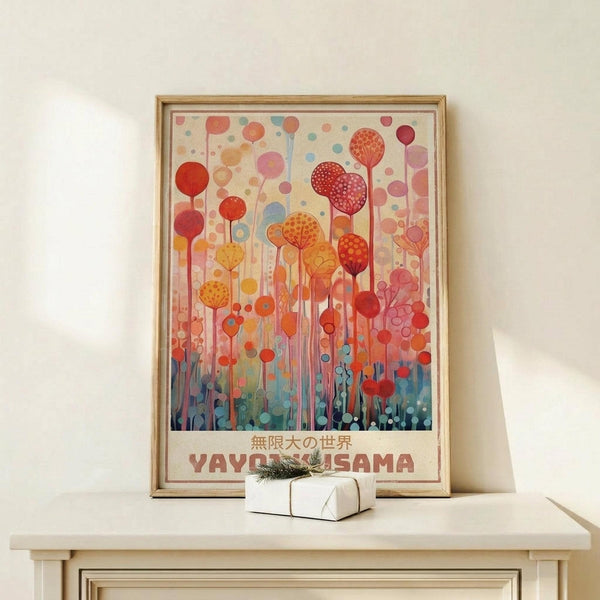 May include: Framed art print featuring abstract colorful circles and dots in warm reds, oranges, and yellows with cool blues at bottom, resembling floating balloons or organic forms with Japanese text below. Light wood frame displayed on white wooden dresser beside small white wrapped gift with evergreen sprig against cream wall.