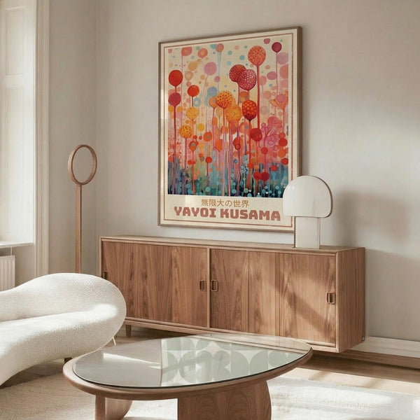 May include: Colorful abstract art poster with polka dot patterns in red, orange, blue and yellow tones, displayed in thin gold frame above wooden credenza. Modern living room setting features white curved chair, glass oval coffee table, and contemporary table lamp. Warm natural lighting creates shadows on light gray walls.