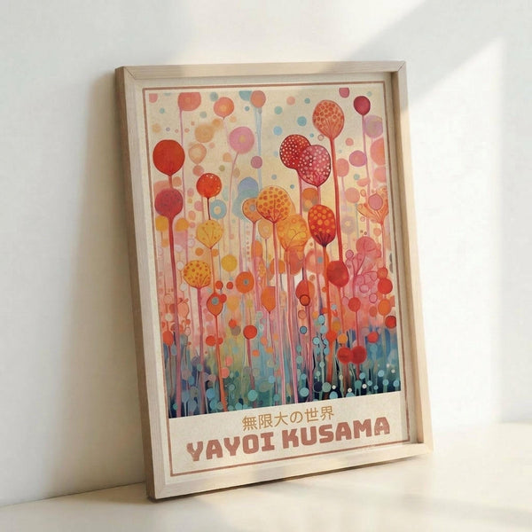 Framed art print featuring colorful abstract botanical design with circular balloon-like forms on stems in warm reds, oranges, and yellows transitioning to cool blues and greens at bottom. Japanese text and "YAYOI KUSAMA" printed below artwork. Light wood frame against white wall, leaning on white surface with soft natural lighting.