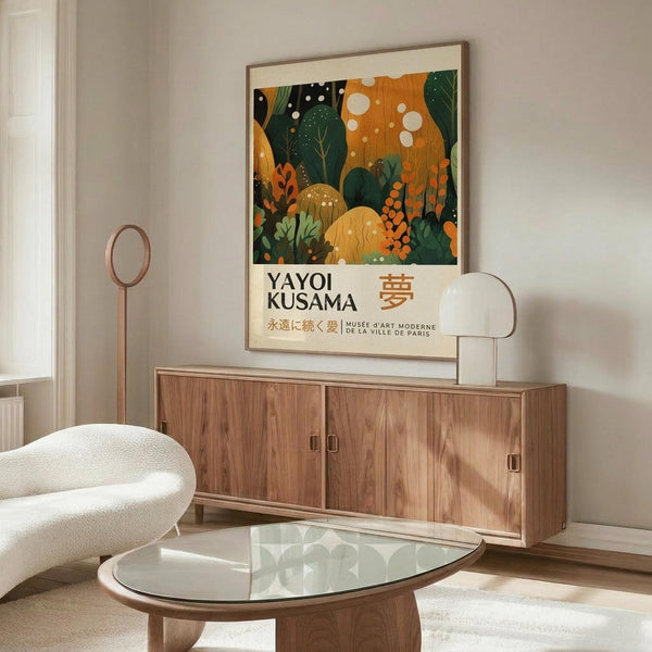 May include: Framed art poster featuring vibrant botanical illustration with orange, green, and black organic shapes, mushrooms, and floating dots in Kusama's signature style. Japanese and French text below artwork. Displayed above walnut wood credenza in modern living room with white curved chair, glass oval coffee table, and minimalist decor including brass floor lamp and table lamp.