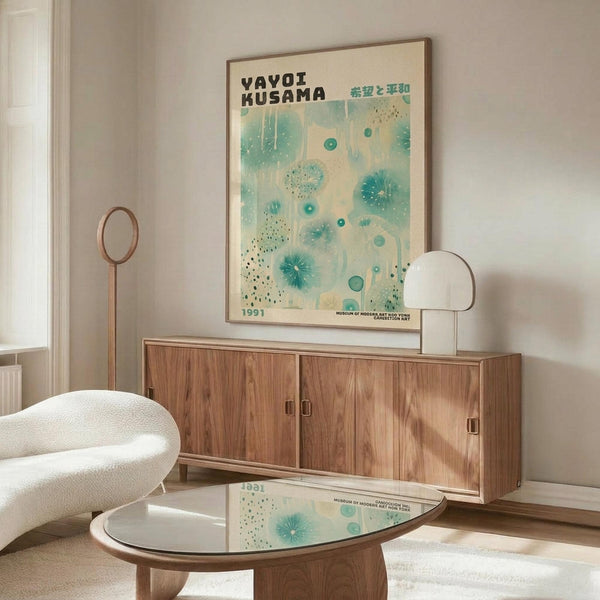 May include: Yayoi Kusama 1991 exhibition poster displayed above a wooden credenza in a modern living room. The poster features abstract teal and cream polka dot patterns in a cream frame. Room includes white sculptural chair, glass-top coffee table with wooden base, and minimalist table lamp. Natural lighting creates soft shadows on white walls.
