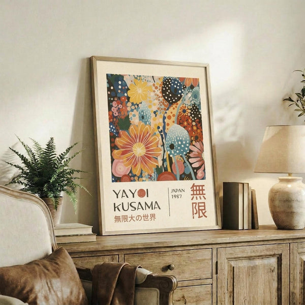May include: Framed poster with colorful abstract floral design featuring large blooms in orange, yellow, and pink with polka dot patterns in blues and earth tones, displayed on rustic wooden console table alongside fern plant, ceramic vase, and books in neutral-toned living room setting