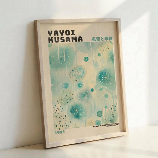 A framed art poster featuring abstract organic shapes in soft teal and cream tones, with radiating burst patterns, dots, and flowing forms reminiscent of cellular structures or underwater life. The poster displays "YAYOI KUSAMA" in bold black letters at the top, Japanese text in the upper right, "1991" in the bottom left, and "MUSEUM OF MODERN ART NEW YORK EXHIBITION ART" at the bottom right. The print is mounted in a light wooden frame and photographed leaning against a white