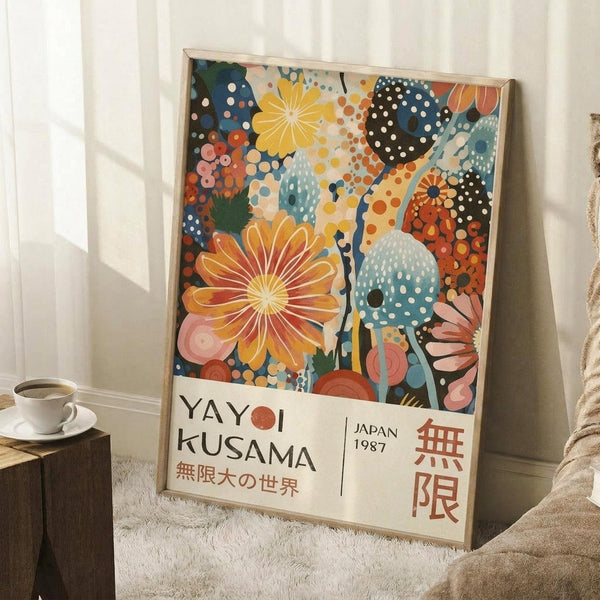 May include: Colorful abstract art poster in light wood frame leaning against white wall corner, featuring vibrant floral and polka dot patterns in yellow, orange, blue, and red with Japanese text at bottom. Small coffee cup on wooden block beside poster, cream knit blanket partially visible, white fluffy rug underneath.