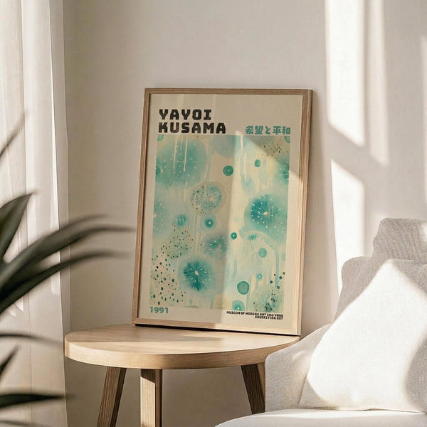 May include: Framed Yayoi Kusama exhibition poster featuring abstract turquoise and teal organic shapes, dots, and starburst patterns on cream background, displayed on light wood round side table next to beige upholstered chair with plant leaves casting shadows on white wall in bright natural lighting.