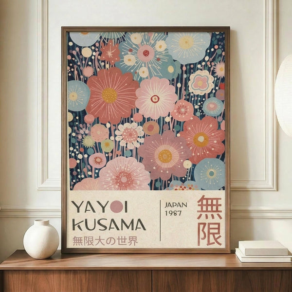 May include: Framed art print displayed on wooden credenza featuring colorful floral pattern with coral, pink, and blue blooms on dark navy background. White ceramic vase and stacked books sit alongside the framed piece. Print shows "YAYOI KUSAMA" text with "JAPAN 1987" and Japanese characters below stylized flower design. Warm neutral wall with white trim molding visible in background.