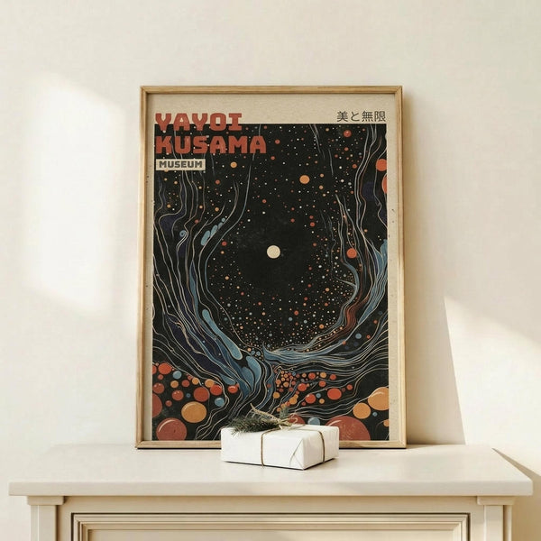 May include: Framed poster with cosmic artwork featuring swirling dark space filled with colorful dots and circles in orange, red, and blue tones. White moon or planet visible in center against starry black background. Flowing abstract forms create movement around the edges. Japanese text visible at top. Natural wood frame sits on light wooden surface with small white wrapped gift box beside it. Clean white wall background creates minimalist display setting.