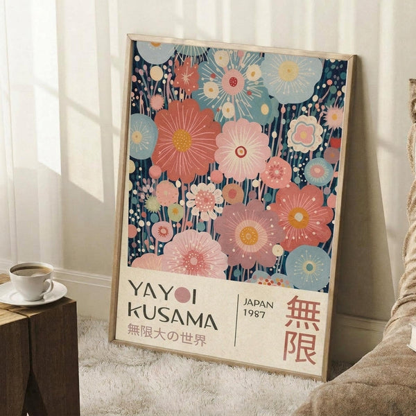 May include: Framed poster with colorful floral pattern featuring coral, pink, and blue flowers on dark navy background, displayed in light wood frame leaning against white wall corner. Coffee cup on wooden surface and beige knit throw visible nearby. Art print shows Japanese text and "JAPAN 1987" at bottom.