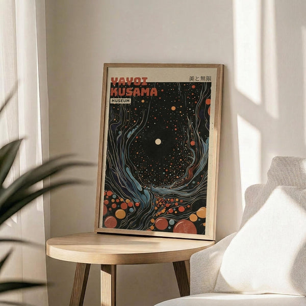 May include: Framed poster with cosmic space design featuring swirling patterns, colorful dots, and celestial elements in black, orange, blue, and cream tones. Japanese text at top reads "Yayoi Kusama Museum." Wooden frame sits on round wooden side table next to beige upholstered chair. Soft natural lighting creates shadows on white wall, with green plant leaves visible in corner of minimalist room setting.