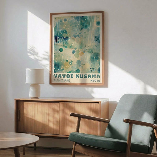 May include: Framed poster with abstract design featuring turquoise and teal polka dots and circles in various sizes scattered across a cream background, displayed above a wooden sideboard in a modern living room. Mid-century style green upholstered armchair with wooden frame sits nearby, with natural sunlight casting shadows on white walls.