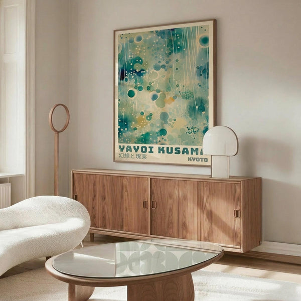 May include: Abstract teal and cream poster with scattered dots and circles in wooden frame, displayed above walnut credenza in modern living room with white curved chair, glass coffee table, and warm natural lighting from window