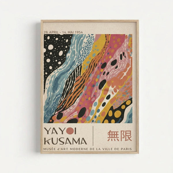 Framed exhibition poster featuring abstract flowing patterns in vibrant colors including black with white dots, blue waves, yellow and pink sections with various circular and organic shapes. Text shows dates 28. APRIL - 14. MAI 1954, artist name YAYOI KUSAMA with Japanese characters, and MUSÉE d'ART MODERNE DE LA VILLE DE PARIS. Light wood frame against white wall.