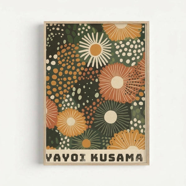 Framed art print featuring abstract floral pattern with radiating daisy-like flowers and polka dot elements in earthy tones of olive green, burnt orange, cream, and beige. The geometric botanical design has a retro mid-century modern aesthetic with overlapping circular motifs and sunburst patterns. Text reads "YAYOI KUSAMA" at bottom in bold black letters. Displayed in light wood frame against white wall.