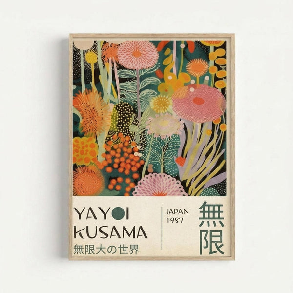 Framed art print featuring vibrant botanical illustrations in pink, orange, green, and yellow tones with abstract floral and organic shapes. The artwork shows stylized flowers, leaves, and dotted patterns in a colorful collage style. Below the main image is text reading "YAYOI KUSAMA" and "JAPAN 1987" along with Japanese characters. The print is displayed in a light wooden frame against a white wall.