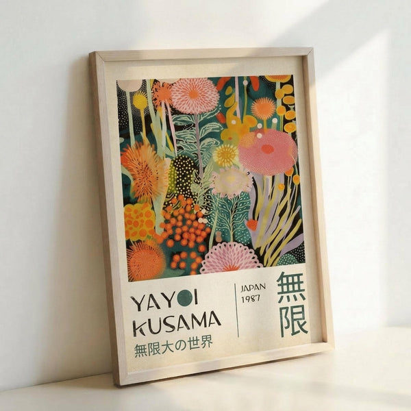 May include: Framed art print featuring vibrant floral and botanical motifs in orange, pink, yellow, and teal with polka dot patterns. Print displays "Yayoi Kusama Japan 1987" text and Japanese characters at bottom. Light wood frame against white wall, showing textured paper surface and exhibition poster styling with abstract chrysanthemum-like flowers and organic shapes throughout colorful composition.