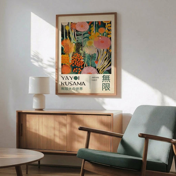 May include: Framed Yayoi Kusama exhibition poster featuring vibrant botanical patterns in coral, orange, yellow and green tones, displayed above a mid-century modern wood credenza with white ceramic lamp. Sage green upholstered armchair with wooden frame sits nearby on hardwood floors. Natural sunlight creates geometric shadows on white wall in contemporary living room setting.
