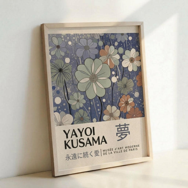 May include: A framed art print leaning against a white wall, featuring stylized flowers in soft greens, purples, and coral tones against a deep blue dotted background. The print shows "YAYOI KUSAMA" and Japanese characters at the bottom, along with "MUSEE D'ART MODERNE DE LA VILLE DE PARIS." The natural wood frame has a light finish and the overall composition has a modern, museum poster aesthetic.