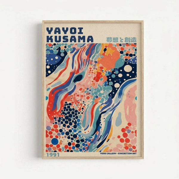 A framed art print featuring an abstract composition with flowing curved lines in red, blue, and cream colors, interspersed with clusters of colorful dots in navy, orange, teal, and pink. The artwork has "YAYOI KUSAMA" text at the top with Japanese characters, "1991" at bottom left, and "YODO GALLERY - EXHIBITION ART" at bottom right. The print is displayed in a light wood frame against a white wall.