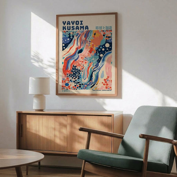 May include: Colorful abstract art poster with flowing organic shapes in orange, blue, and coral tones, featuring polka dot patterns and wave-like forms. Displayed in wooden frame above mid-century modern credenza with white ceramic lamp. Mint green upholstered armchair with wooden arms sits nearby on wooden floor with natural sunlight creating geometric shadows on white wall.