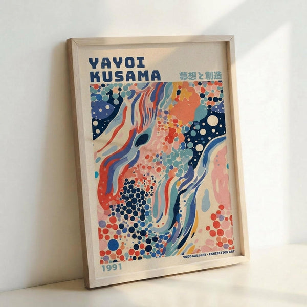 May include: Framed poster print featuring abstract artwork with flowing ribbons in blue, coral, and teal alongside scattered polka dots in various sizes and colors. Text reads "YAYOI KUSAMA" in bold navy letters with Japanese characters and "1991" at bottom. The colorful design combines organic wavy streams with geometric dot patterns against a cream background. Displayed in light wood frame leaning against white wall.