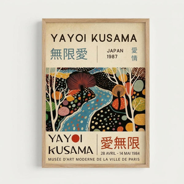 May include: Framed exhibition poster in light wood frame against white wall. Features colorful abstract artwork with flowing blue river, polka-dotted mushrooms, bare trees, and vibrant circles in orange, pink, and green. Text shows "YAYOI KUSAMA" with Japanese characters, "JAPAN 1987", and museum details including "MUSÉE D'ART MODERNE DE LA VILLE DE PARIS" with exhibition dates "28 AVRIL - 14 MAI 1984". Cream-colored background with black and red typography.