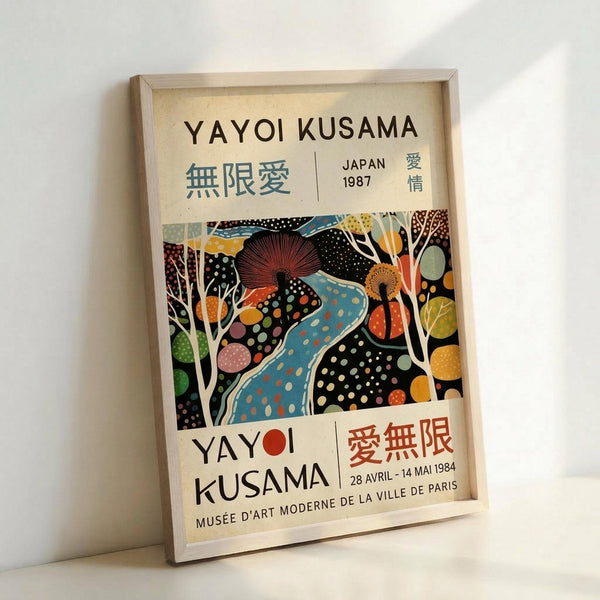 Framed exhibition poster featuring Yayoi Kusama's colorful polka-dotted artwork with flowing organic shapes in blues, oranges, and earth tones against black backgrounds. Text shows "YAYOI KUSAMA" with Japanese characters, "JAPAN 1987," and museum details for Paris exhibition dated 1984. Light wood frame sits against white wall with subtle shadows.