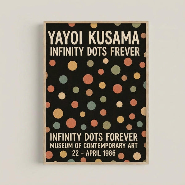 Framed museum exhibition poster with black background featuring scattered polka dots in muted tones of coral, sage green, cream, and gold. White text reads "YAYOI KUSAMA INFINITY DOTS FREVER" at top and "INFINITY DOTS FOREVER MUSEUM OF CONTEMPORARY ART 22 - APRIL 1986" at bottom. Light wood frame against white wall background.